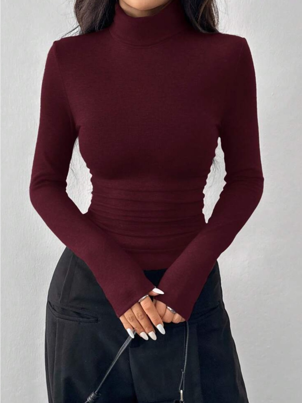 Slim Fit Burgundy Turtleneck Long Sleeve Top